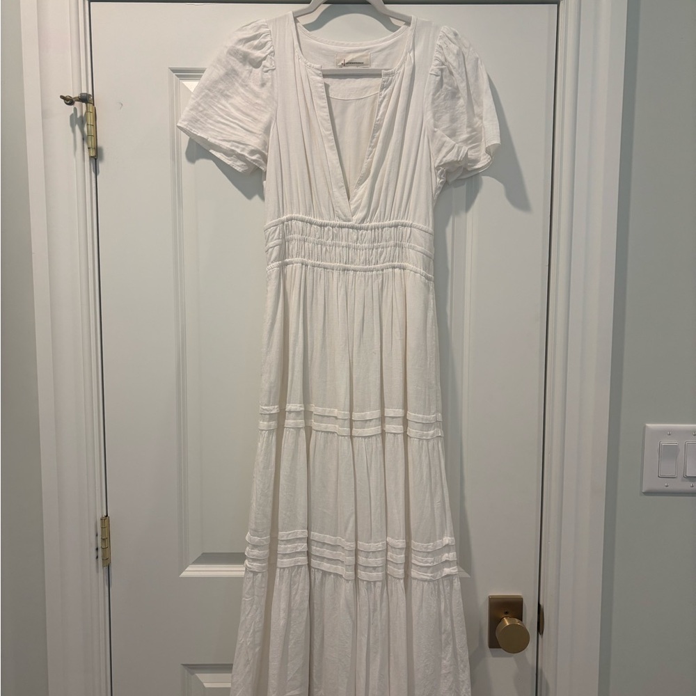Anthropologie White Pleated Maxi Dress with Puff Sleeves